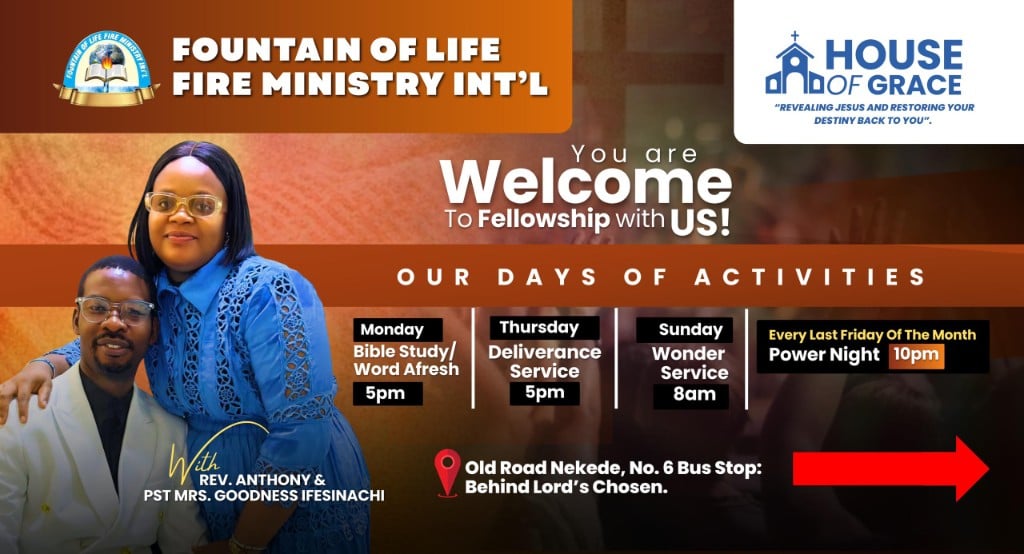 Cartel de bienvenida — Fuente de Vida y House of Grace, Nekede, Nigeria